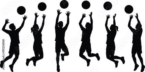Silhouette collection of male and female volleyball players jumping to spike and block the ball during a competitive team sports match or tournament