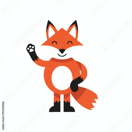 A cartoon fox with orange fur, black ears, and white cheeks waves hello