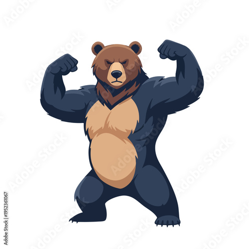 Muscular brown bear flexing its biceps with determined expression on white background
