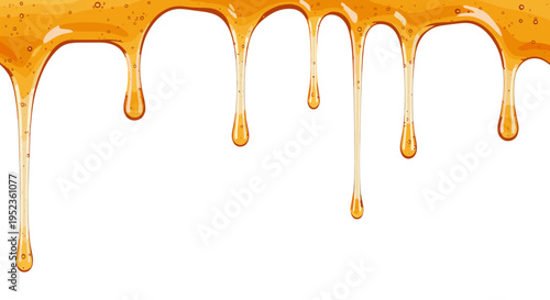 Viscous golden liquid dripping and flowing down in translucent strands
