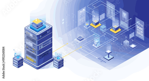 Modern isometric server racks and network connections in a blue digital data