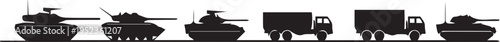 Military vehicles silhouettes vector illustration line art tanks and trucks
