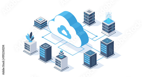 Cloud computing network infrastructure with servers and data storage connected