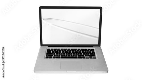 Laptop with scratched grunge screen isolated on transparent PNG background, vintage computer display with dust and texture overlay.