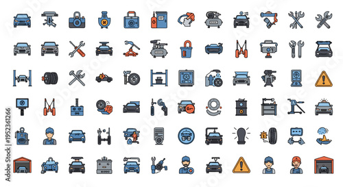 Collection of car service and repair icons featuring tools vehicles and mechanics