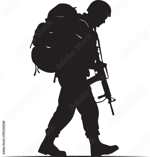 Soldier with rifle and backpack vector silhouette illustration line art walking
