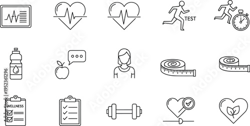 Fitness and Health Monitoring Icon Set Featuring Heart Rate, Exercise, Wellness, Nutrition, and Measurement Tools