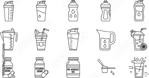 Fitness and Nutritional Drink Icon Set Featuring Shakers, Pre-Workout Mix, Vitamin Drink, and Hydration Tools