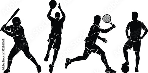 Silhouette collection of male athletes playing various popular sports including baseball batting basketball jumping tennis swinging a racket and soccer player with a ball