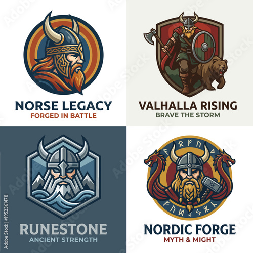 A set of striking Norse-themed logos, featuring warriors and symbols that embody strength, bravery, and legendary mythology, ideal for branding and apparel.