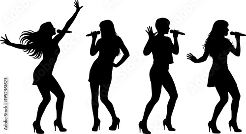 Female singer silhouettes microphone performance poses isolated black women artists music stage dancing singing stylish collection studio set