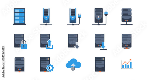 Modern digital server racks and computer hardware icons for data center and cloud