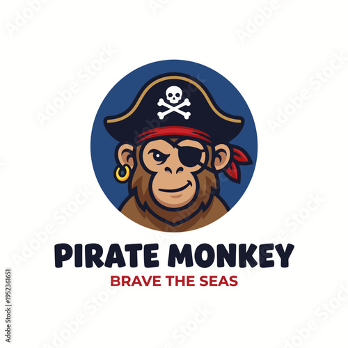 This vibrant image features a pirate monkey, complete with an eye patch and a hat, ready to conquer the high seas in a fun and adventurous style. Ideal for playful branding.