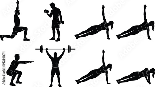 Silhouette set of people exercising including lunges squats barbell press dumbbell curls and side planks for fitness workout gym training and healthy lifestyle