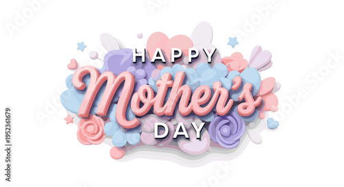Happy mother's day greeting with pastel floral elements and soft clouds