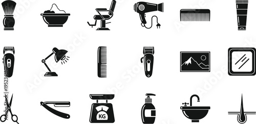 Barbershop and hair salon tools icon set featuring scissors, comb, clipper, dryer, razor, and grooming equipment symbols