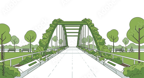 Green Arch Bridge with Lush Vegetation and Pedestrian Walkway.
