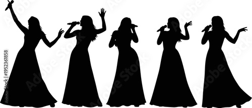 Female singer silhouettes collection with microphone performing on stage elegant long dress poses music concert black vector illustration set