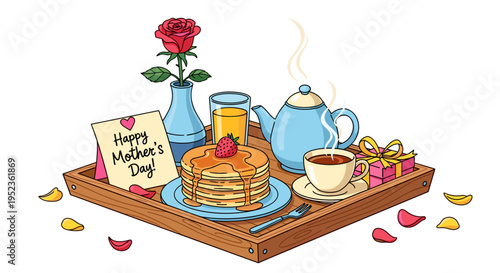 Mother's day breakfast tray with pancakes coffee juice rose and gift box