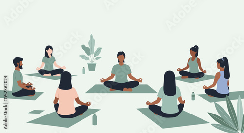 Group of diverse people meditating together in a serene setting.