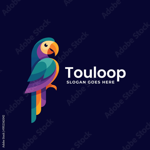 Foto This vibrant parrot logo features a mix of bright colors and geometric shapes, perfect for creative brands looking to enhance their visual identity and attract attention