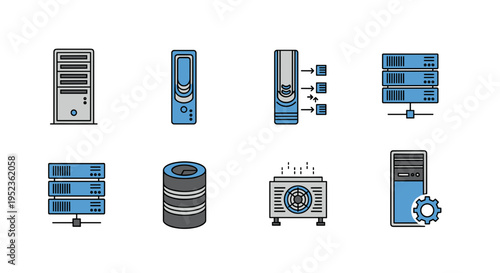 Collection of diverse server rack database and computer hardware icons on white