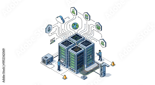 Modern data center server racks connected to cloud services and security icons
