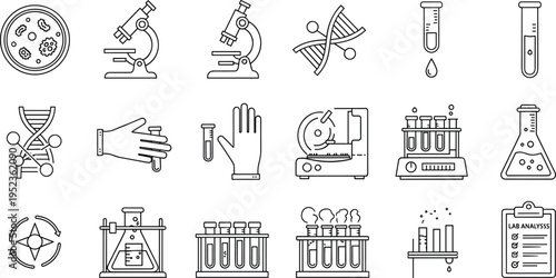 Laboratory and Scientific Research Icon Set Featuring Microscopes, Test Tubes, DNA, and Lab Equipment