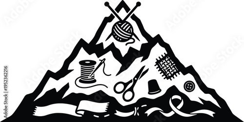 Mountain Workshop Tools and Craftsmanship Concept Illustration,
Black and white graphic of a mountain filled with tools like scissors, thread, and leather pieces, symbolizing craftsmanship, repair, a

