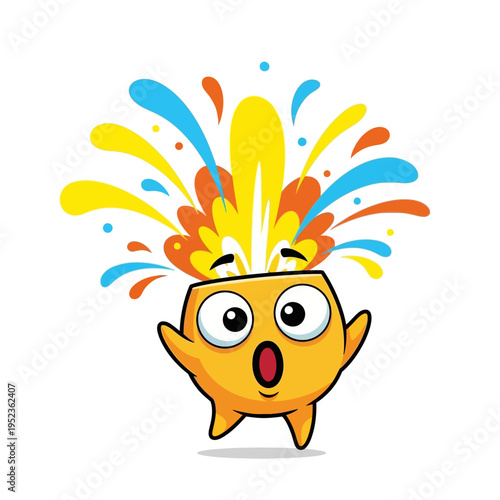 Surprised Orange Character with Exploding Head and Colorful Splashes
