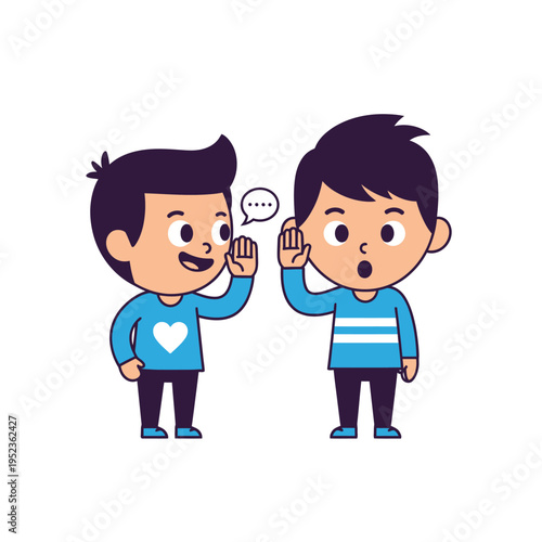 Two cartoon boys whispering secrets, one sharing information with the other.