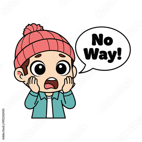 Surprised Boy in Winter Hat Says "No Way!" with Open Mouth and Wide Eyes