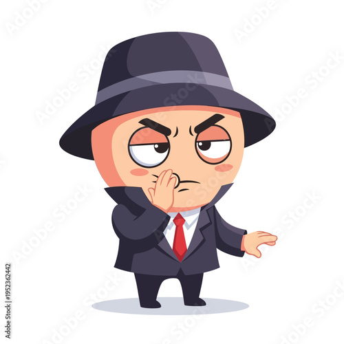 Suspicious Cartoon Spy in Hat Whispering Secret Information