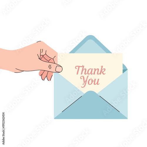 Hand holding an opened envelope with a 'Thank You' card, isolated on white background