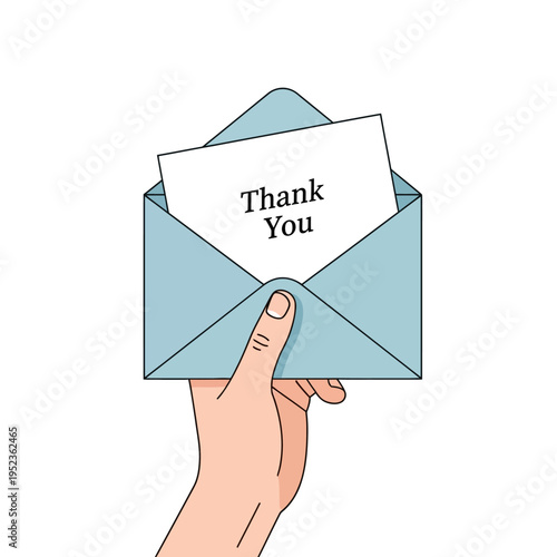 Hand Holding Blue Envelope with Thank You Card