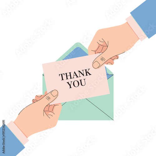 Hands exchanging a thank you card from an envelope, gratitude concept