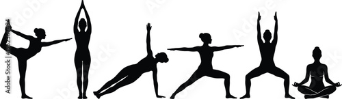 Black silhouette set of woman practicing various yoga poses including lotus position warrior pose and stretching exercises isolated on white background vector