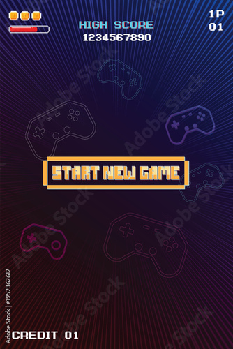 START NEW GAME. Retro Futurism Sci-Fi Background. glowing neon grid and star from vintage arcade computer games