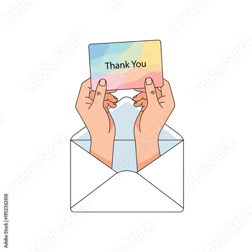 Hands holding "Thank You" card from envelope, rainbow gradient design