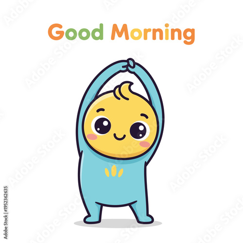 Cute Cartoon Baby Doing Morning Stretch, Text Good Morning