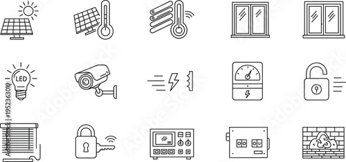 Smart Home and Energy Management Icon Set Featuring Solar Panels, LED Lighting, Security Systems, and Electrical Devices