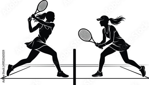 Black and white silhouettes of two female tennis players competing on court with rackets, athletic women in action during professional sports match competition