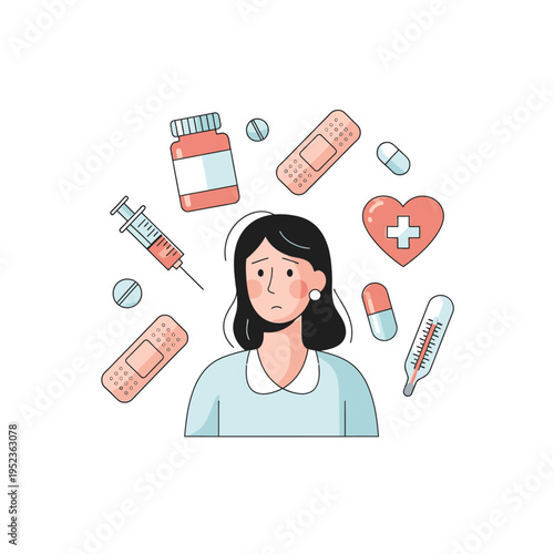 Sick woman surrounded by medical supplies, feeling unwell with fever and pain