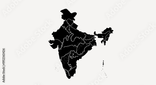 India Map Silhouette with State Borders - Black Outline on White Background