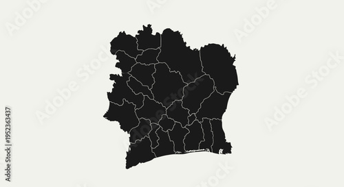 Ivory Coast Map Silhouette - Black Outline Divided Regions on White Background