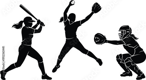 Silhouettes of female softball players in action including a batter swinging, a pitcher throwing the ball, and a catcher ready behind the plate