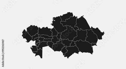 Kazakhstan Map Silhouette with Regions - Black and White Vector Illustration