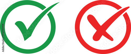 Green check mark and red cross icons simple vector symbols for approval and rejection isolated on white background