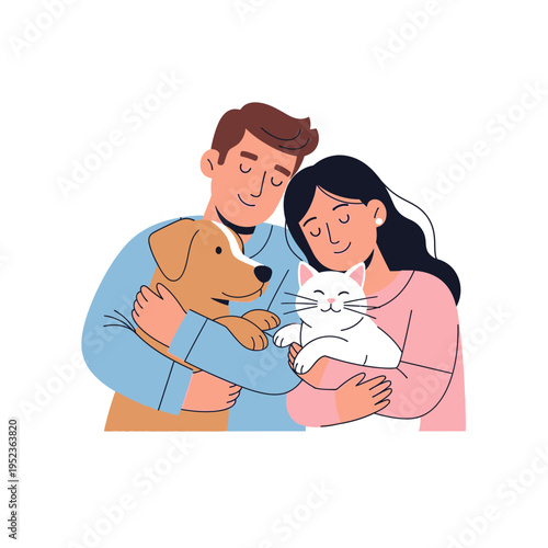 Couple Hugging Beloved Pet Dog and Cat, Family Love, Animal Companionship
