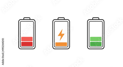 Minimalist flat vector illustration of battery status icons displayed side by side